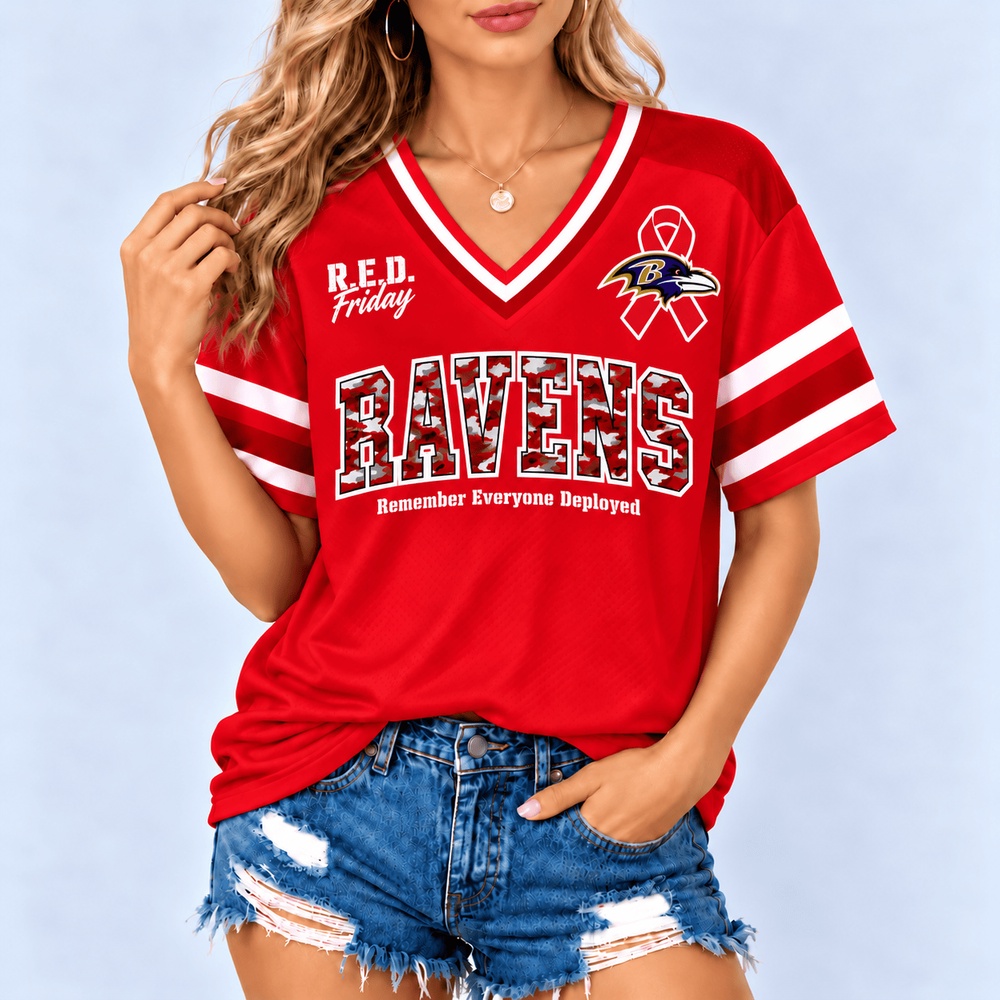Baltimore Ravens NFL RED Friday Military Camo Ribbon Graphic Women's V Neck Short Sleeve T Shirt, Trendy NFL V Neck Tee Baltimore Ravens NFL RED Friday Military Camo Ribbon Graphic Women's V Neck Short Sleeve T Shirt, Trendy NFL V Neck Tee