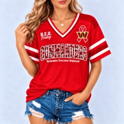 Washington Commanders NFL RED Friday Military Camo Ribbon Graphic Women's V Neck Short Sleeve T Shirt, Trendy NFL V Neck Tee Washington Commanders Nfl Red Friday Military Camo Ribbon Graphic Women S V Neck Short Sleeve T Shirt
