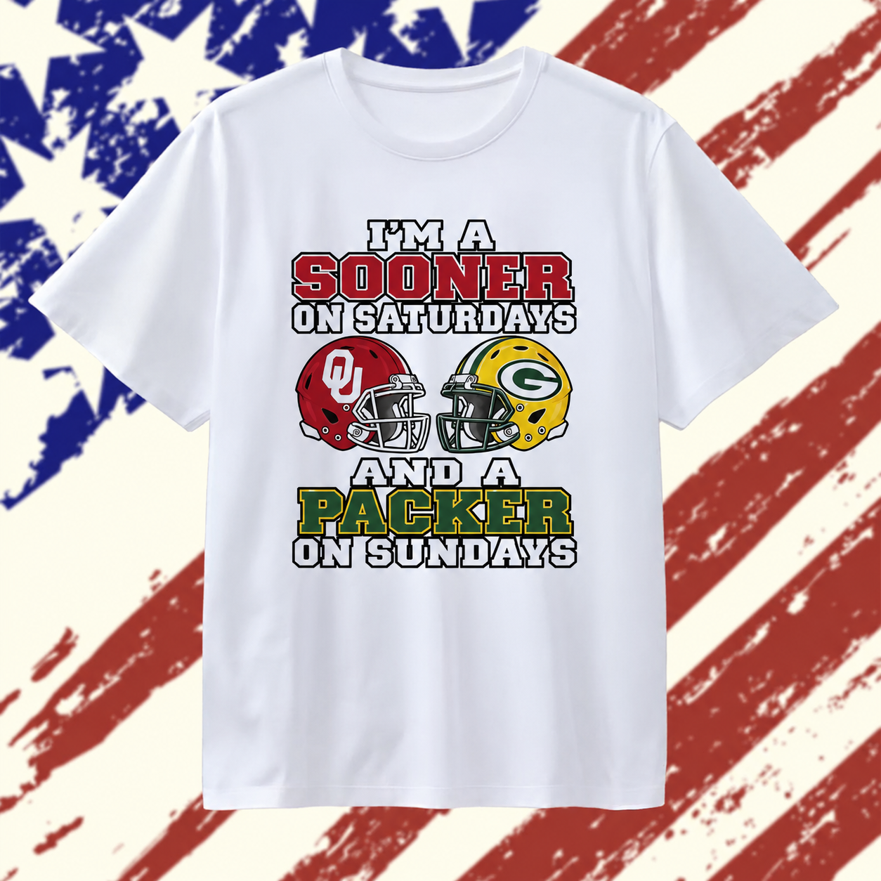 I’m an Oklahoma Sooner on Saturdays and a Green Bay Packer on Sundays 2 helmet NFL 2026 T Shirt, Stylish 2D Graphic Shirt I’m an Oklahoma Sooner on Saturdays and a Green Bay Packer on Sundays 2 helmet NFL 2026 T Shirt, Stylish 2D Graphic Shirt