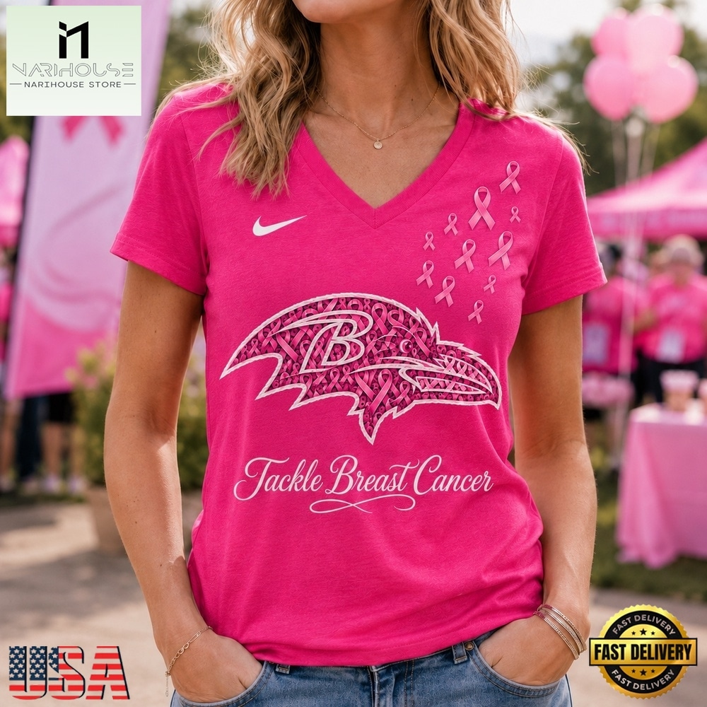 Baltimore Ravens 2026 NFL Tackle Breast Cancer V neck T Shirt, Trendy NFL V Neck Tee Baltimore Ravens 2026 NFL Tackle Breast Cancer V neck T Shirt, Trendy NFL V Neck Tee