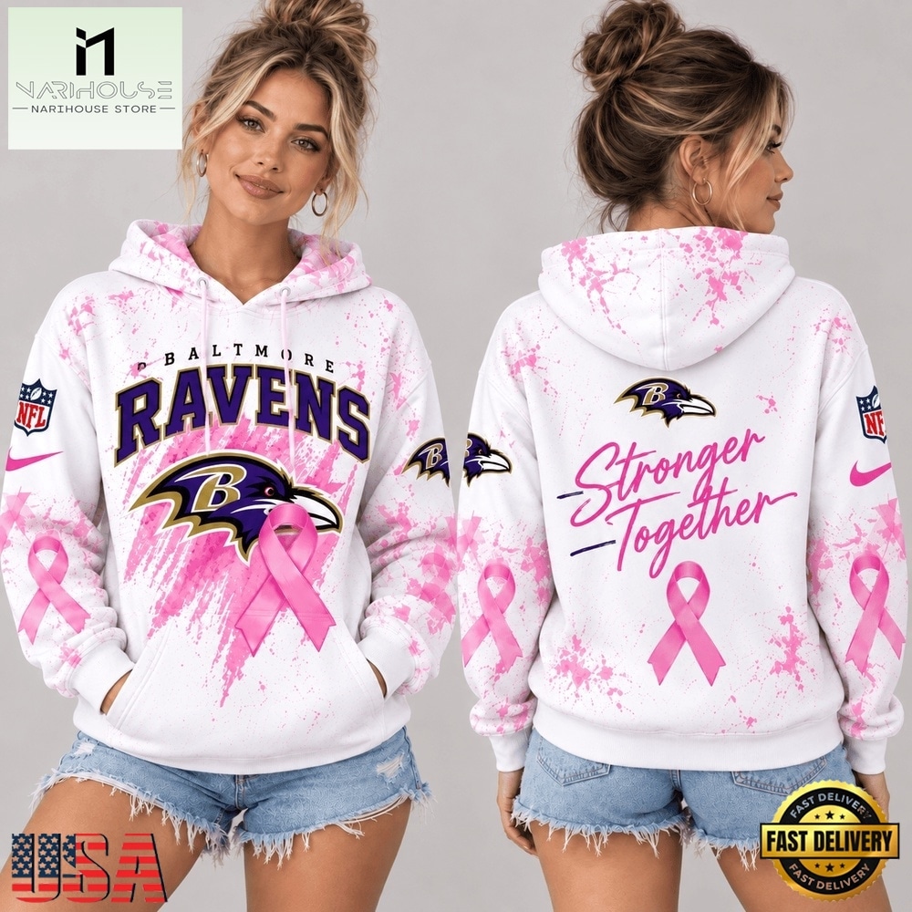 Baltimore Ravens NFL Pink Ribbon Stronger Together Breast Cancer Awareness Hoodie, NFL Sporty Shirt Baltimore Ravens NFL Pink Ribbon Stronger Together Breast Cancer Awareness Hoodie, NFL Sporty Shirt