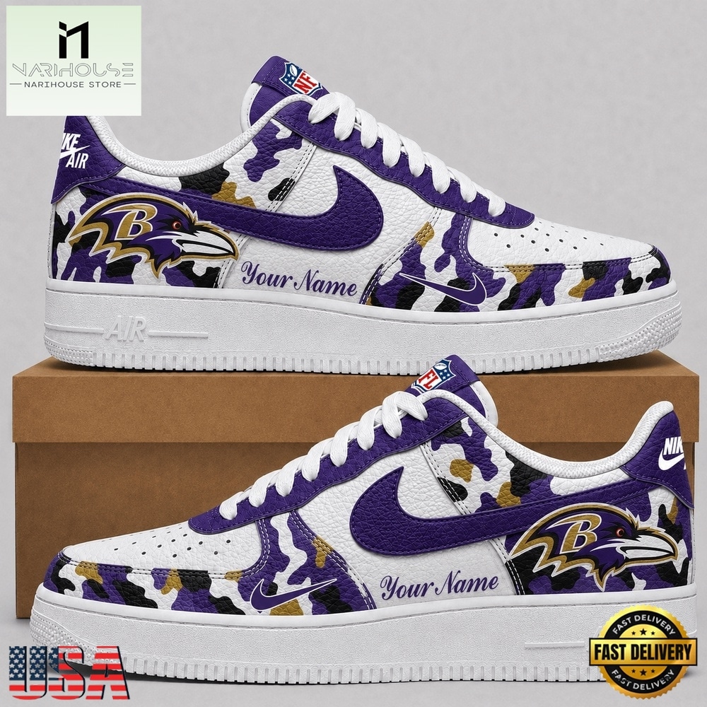 Baltimore Ravens NFL Team Camo Air Force 1 Shoes Sneakers, NFL Team AF1 Shoes Baltimore Ravens NFL Team Camo Air Force 1 Shoes Sneakers, NFL Team AF1 Shoes