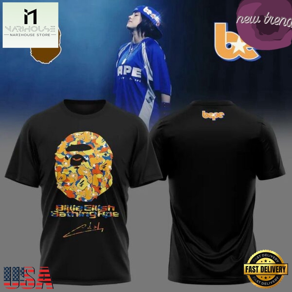 Billie Eilish x Bape 2026 Black Graphic T Shirt, Popular 3D Music Tee Billie Eilish x Bape 2026 Black Graphic T Shirt, Popular 3D Music Tee