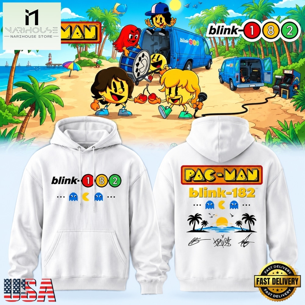 Blink 182 x PAC MAN White Hoodie, Popular 3D Music Tee Blink 182 x PAC MAN White Hoodie, Popular 3D Music Tee