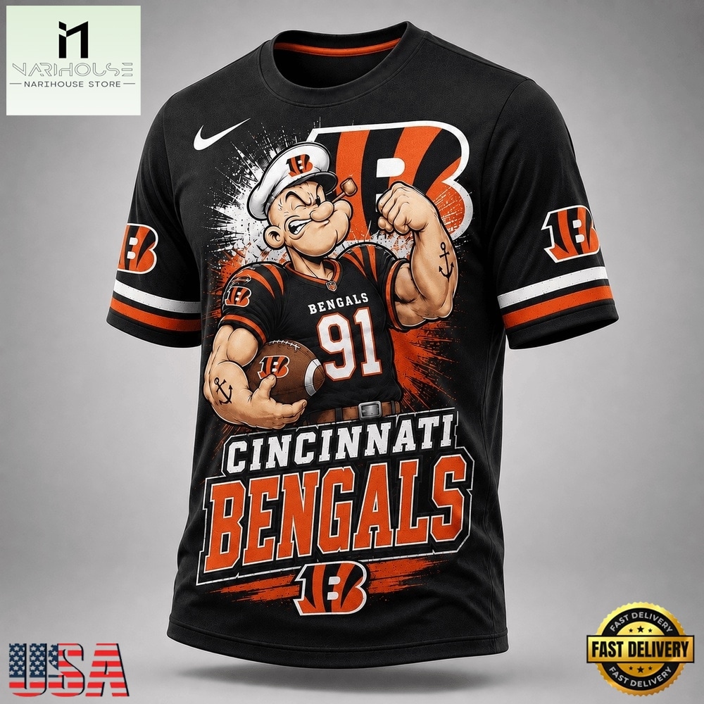 Cincinnati Bengals NFL Popeye Bold Cartoon Athletes 3D T Shirt, NFL Sporty Shirt Cincinnati Bengals NFL Popeye Bold Cartoon Athletes 3D T Shirt, NFL Sporty Shirt