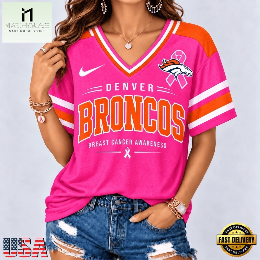 Denver Broncos 2026 NFL Pink Breast Cancer Awareness V neck T Shirt, Trendy NFL V Neck Tee Denver Broncos 2026 NFL Pink Breast Cancer Awareness V neck T Shirt, Trendy NFL V Neck Tee