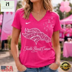Denver Broncos 2026 NFL Tackle Breast Cancer V neck T Shirt, Trendy NFL V Neck Tee Denver Broncos 2026 Nfl Tackle Breast Cancer V Neck T Shirt