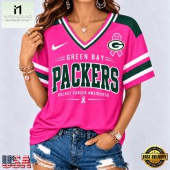 Green Bay Packers 2026 NFL Pink Breast Cancer Awareness V neck T Shirt, Trendy NFL V Neck Tee Green Bay Packers 2026 Nfl Pink Breast Cancer Awareness V Neck T Shirt