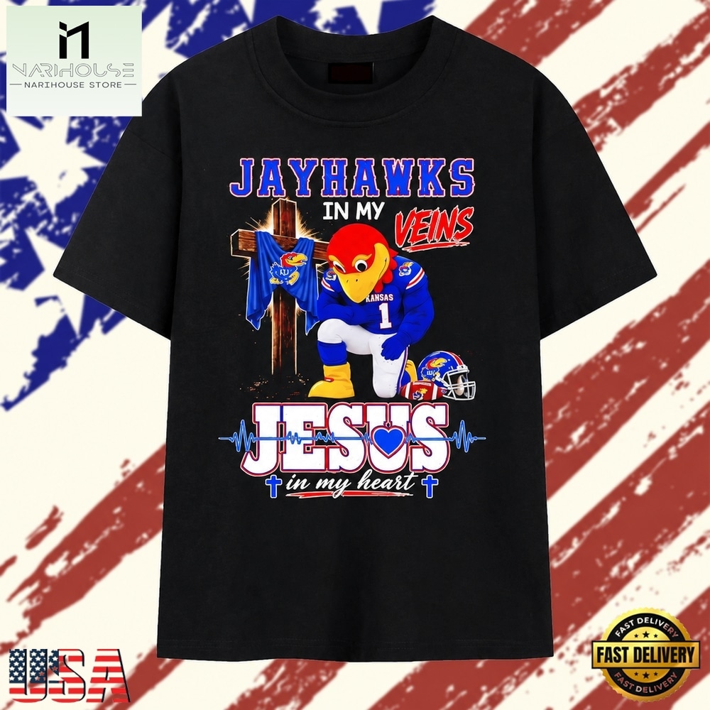 Kansas Jayhawks in My Veins and Jesus in My Heart T Shirt, Stylish 2D Graphic Shirt Kansas Jayhawks in My Veins and Jesus in My Heart T Shirt, Stylish 2D Graphic Shirt