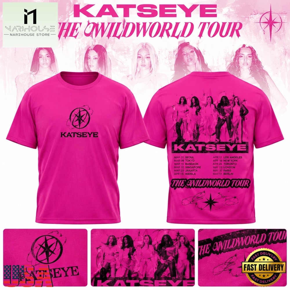 KATSEYE The Wildworld Tour Signed Pink 3D Shirt, Popular 3D Music Tee KATSEYE The Wildworld Tour Signed Pink 3D Shirt, Popular 3D Music Tee