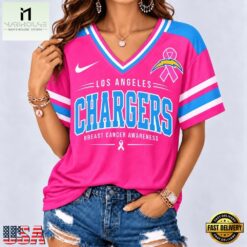 Los Angeles Chargers 2026 NFL Pink Breast Cancer Awareness V neck T Shirt, Trendy NFL V Neck Tee Los Angeles Chargers 2026 Nfl Pink Breast Cancer Awareness V Neck T Shirt