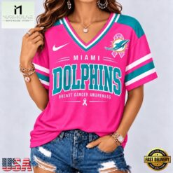 Miami Dolphins 2026 NFL Pink Breast Cancer Awareness V neck T Shirt, Trendy NFL V Neck Tee Miami Dolphins 2026 Nfl Pink Breast Cancer Awareness V Neck T Shirt