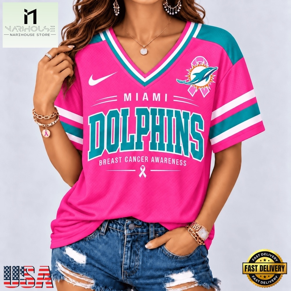 Miami Dolphins 2026 NFL Pink Breast Cancer Awareness V neck T Shirt, Trendy NFL V Neck Tee Miami Dolphins 2026 NFL Pink Breast Cancer Awareness V neck T Shirt, Trendy NFL V Neck Tee