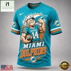 Miami Dolphins NFL Popeye Bold Cartoon Athletes 3D T Shirt, NFL Sporty Shirt Miami Dolphins Nfl Popeye Bold Cartoon Athletes 3D T Shirt