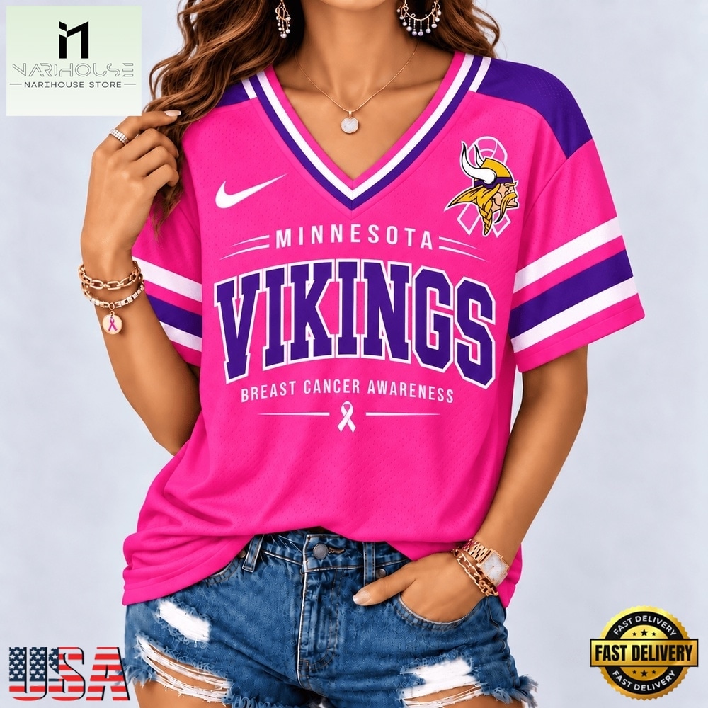 Minnesota Vikings 2026 NFL Pink Breast Cancer Awareness V neck T Shirt, Trendy NFL V Neck Tee Minnesota Vikings 2026 NFL Pink Breast Cancer Awareness V neck T Shirt, Trendy NFL V Neck Tee