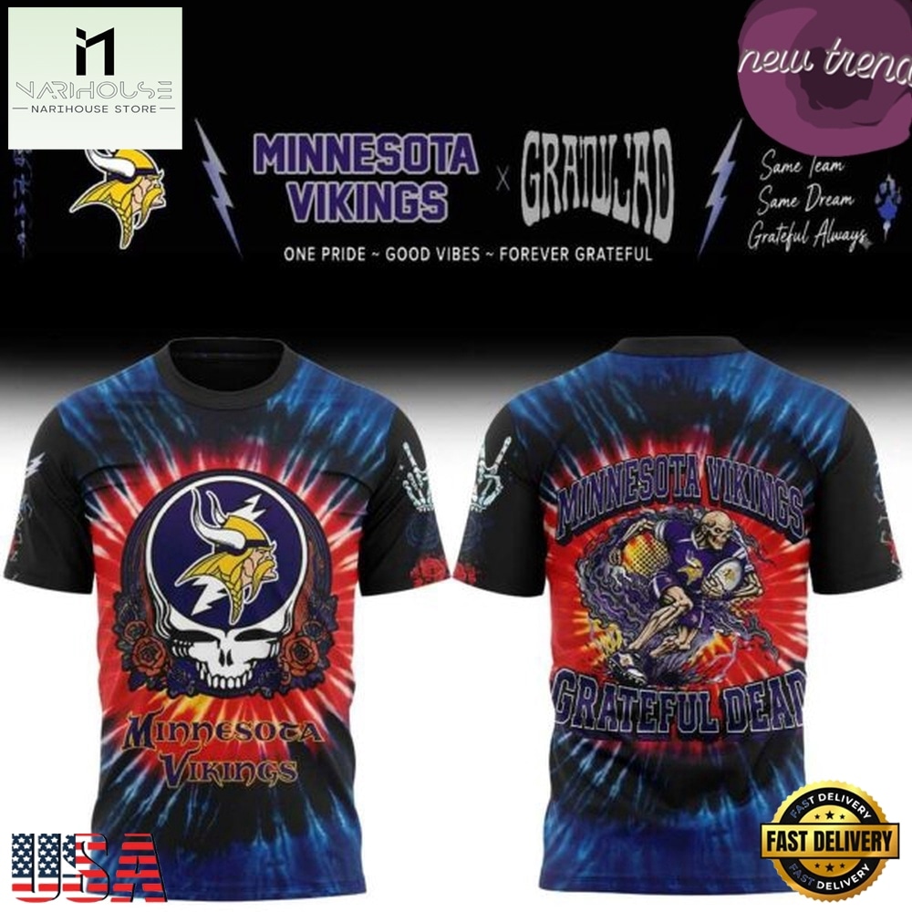 Minnesota Vikings x Grateful Dead Skeletons 2026 T Shirt, Hot 3D Shirt Trend Minnesota Vikings x Grateful Dead Skeletons 2026 T Shirt, Hot 3D Shirt Trend