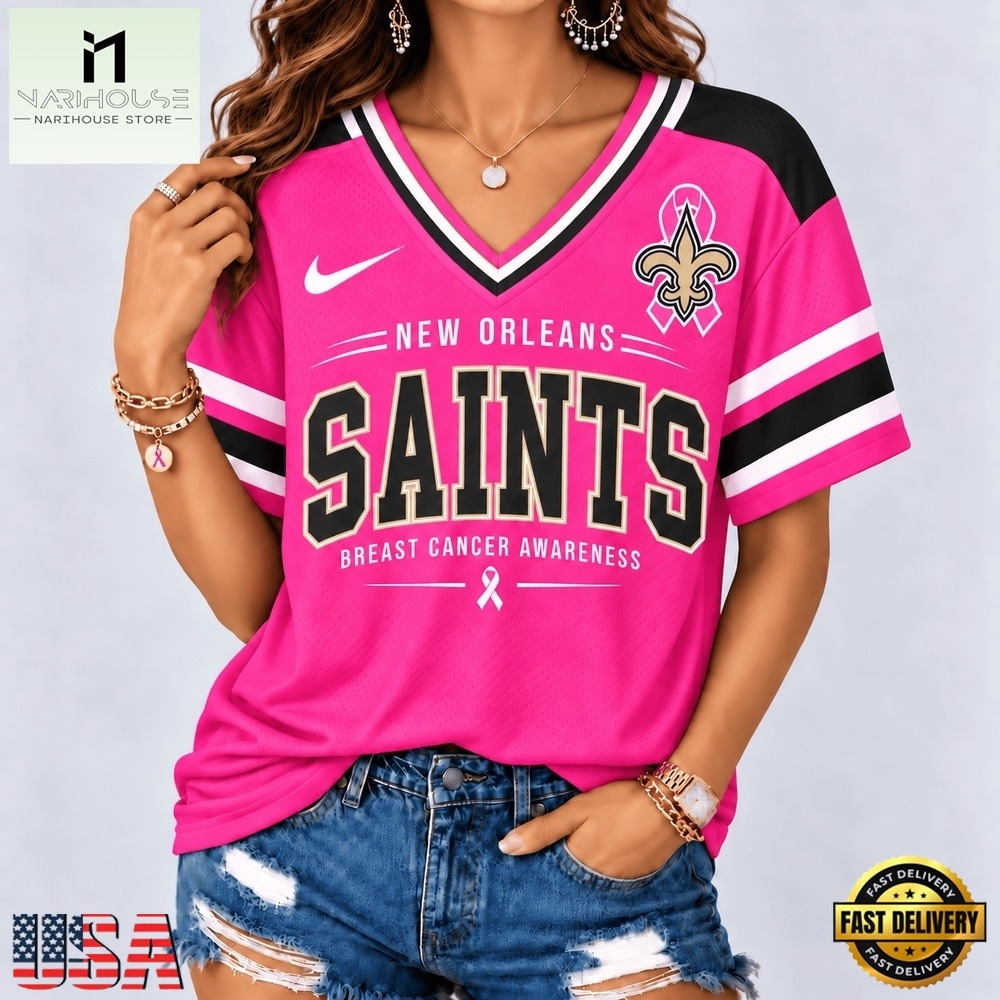 New Orleans Saints 2026 NFL Pink Breast Cancer Awareness V neck T Shirt, Trendy NFL V Neck Tee New Orleans Saints 2026 NFL Pink Breast Cancer Awareness V neck T Shirt, Trendy NFL V Neck Tee