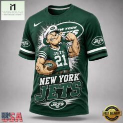 New York Jets NFL Popeye Bold Cartoon Athletes 3D T Shirt, NFL Sporty Shirt New York Jets Nfl Popeye Bold Cartoon Athletes 3D T Shirt