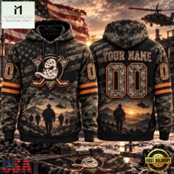 NHL Anaheim Ducks Military Appreciation Design Personalized Hoodie, NHL 3D Game Day Tee Nhl Anaheim Ducks Military Appreciation Design Personalized Hoodie