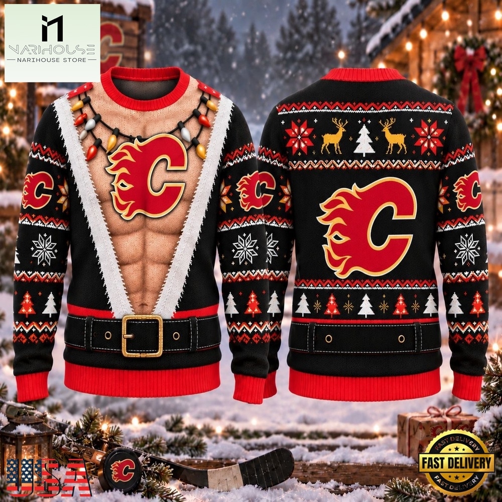 NHL Calgary Flames Funny Body Christmas Ugly Sweater, NHL 3D Game Day Tee NHL Calgary Flames Funny Body Christmas Ugly Sweater, NHL 3D Game Day Tee