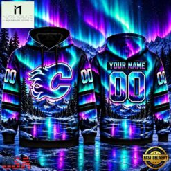NHL Calgary Flames Special Design With Northern Lights 2026 Hoodie Shirt, NHL 3D Game Day Tee Nhl Calgary Flames Special Design With Northern Lights 2026 Hoodie Shirt