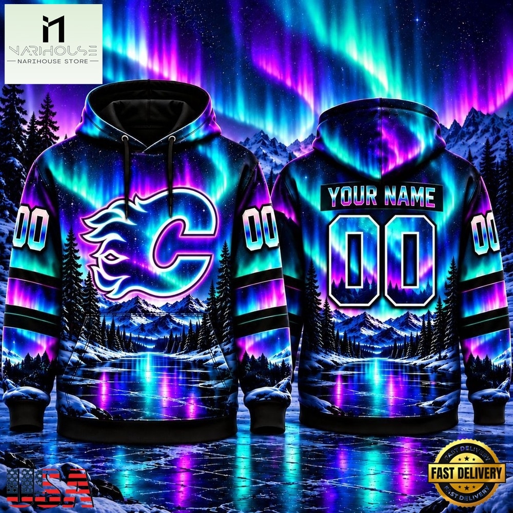 NHL Calgary Flames Special Design With Northern Lights 2026 Hoodie Shirt, NHL 3D Game Day Tee NHL Calgary Flames Special Design With Northern Lights 2026 Hoodie Shirt, NHL 3D Game Day Tee