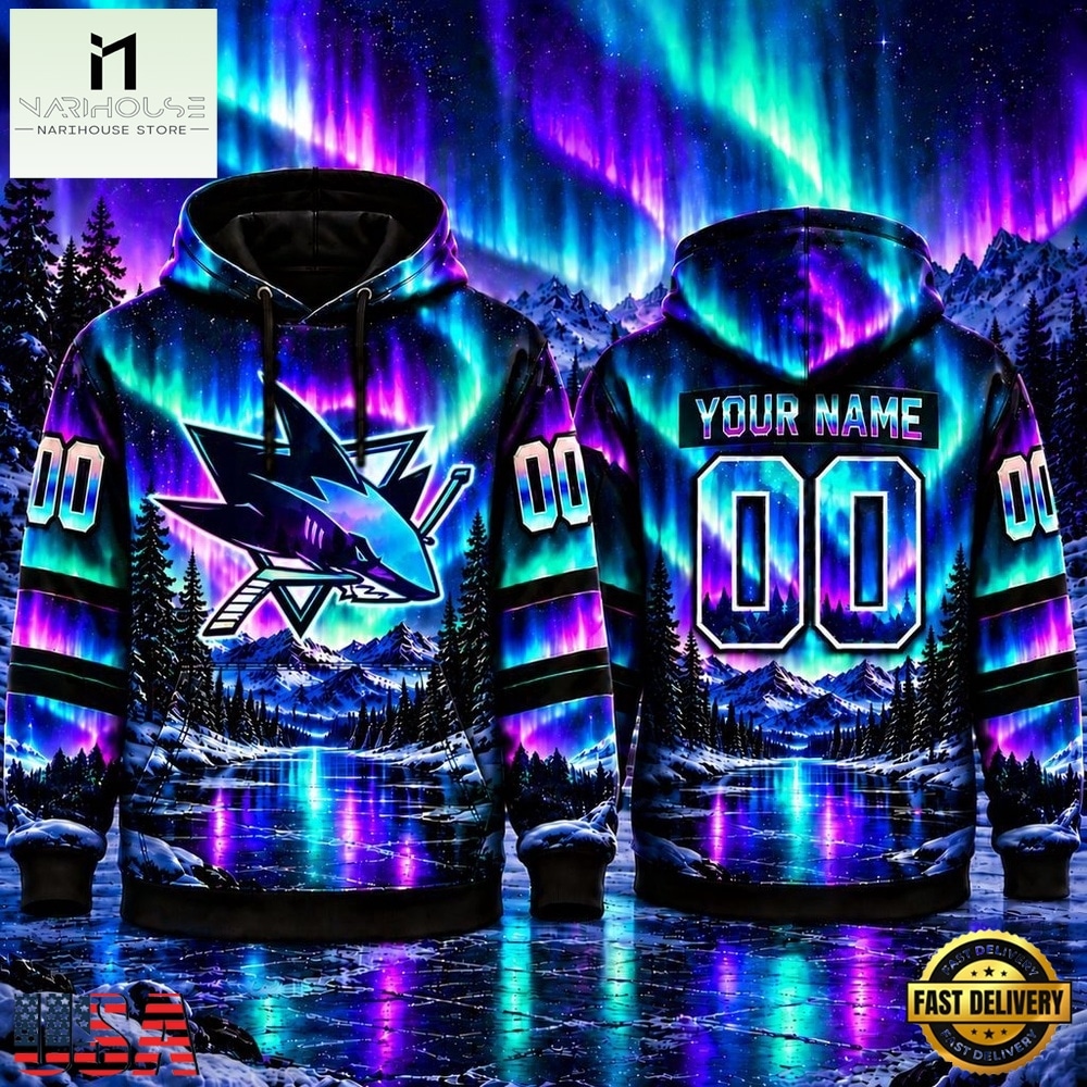 NHL San Jose Sharks Special Design With Northern Lights 2026 Hoodie Shirt, NHL 3D Game Day Tee NHL San Jose Sharks Special Design With Northern Lights 2026 Hoodie Shirt, NHL 3D Game Day Tee