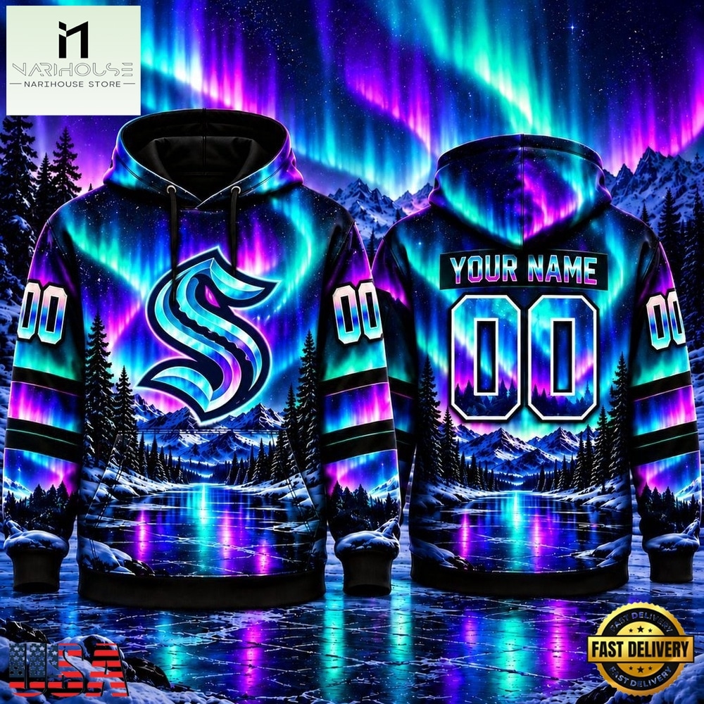 NHL Seattle Kraken Special Design With Northern Lights 2026 Hoodie Shirt, NHL 3D Game Day Tee NHL Seattle Kraken Special Design With Northern Lights 2026 Hoodie Shirt, NHL 3D Game Day Tee