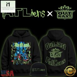 Outkast x Atlanta Falcons 30th Anniversary ATLiens 2026 Black Hoodie, Popular 3D Music Tee Outkast X Atlanta Falcons 30th Anniversary Atliens 2026 Black Hoodie