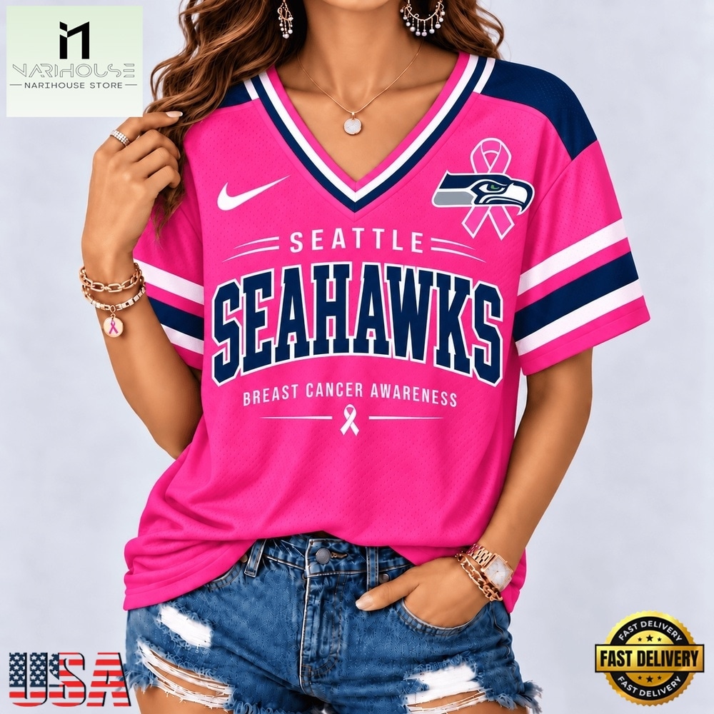 Seattle Seahawks 2026 NFL Pink Breast Cancer Awareness V neck T Shirt, Trendy NFL V Neck Tee Seattle Seahawks 2026 NFL Pink Breast Cancer Awareness V neck T Shirt, Trendy NFL V Neck Tee