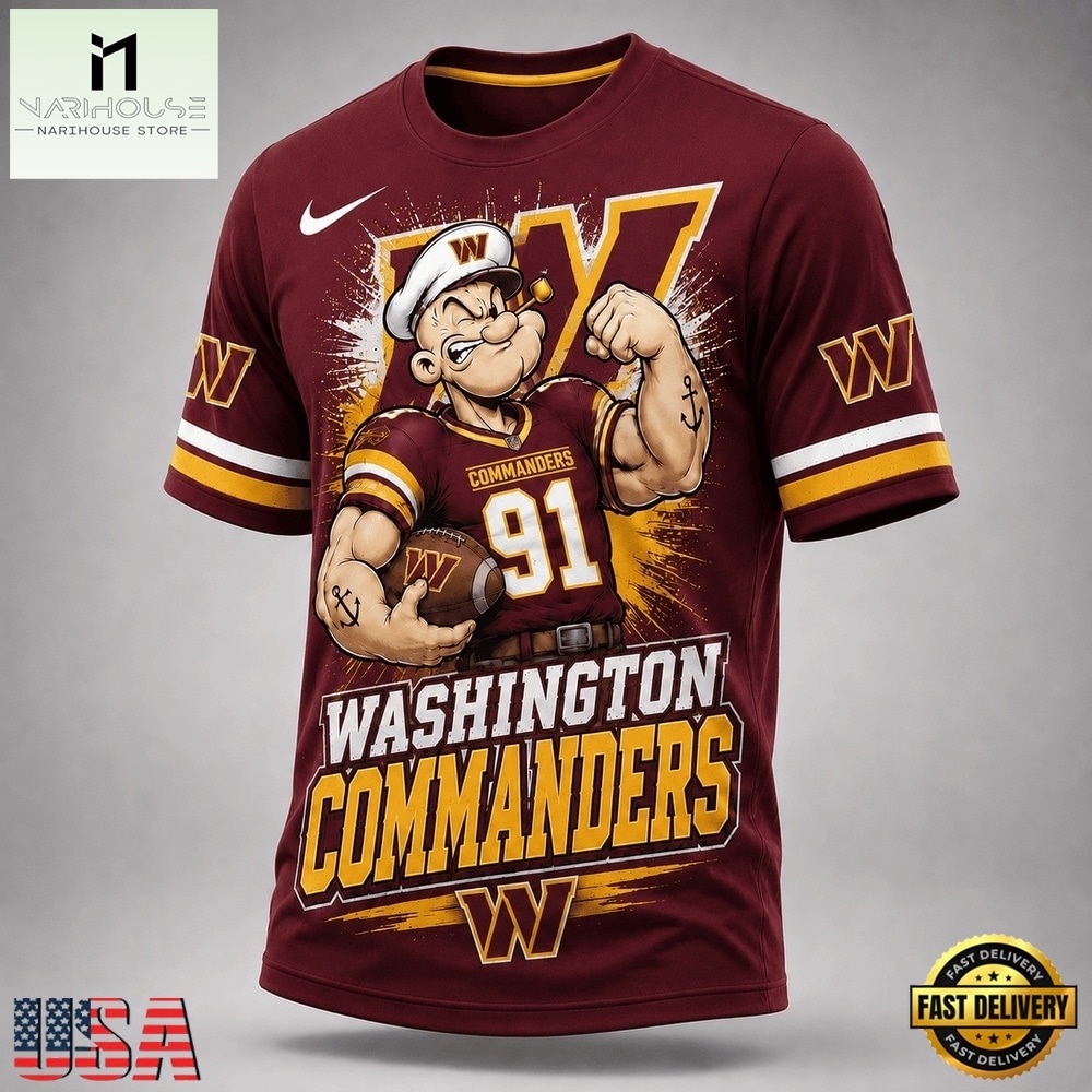 Washington Commanders NFL Popeye Bold Cartoon Athletes 3D T Shirt, NFL Sporty Shirt Washington Commanders NFL Popeye Bold Cartoon Athletes 3D T Shirt, NFL Sporty Shirt
